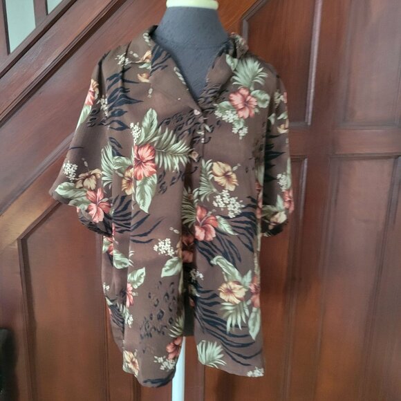 BonWorth Womens Hawaiian Floral Brown Short-Sleeve Button-Up Shirt Top Size XL - Picture 1 of 5